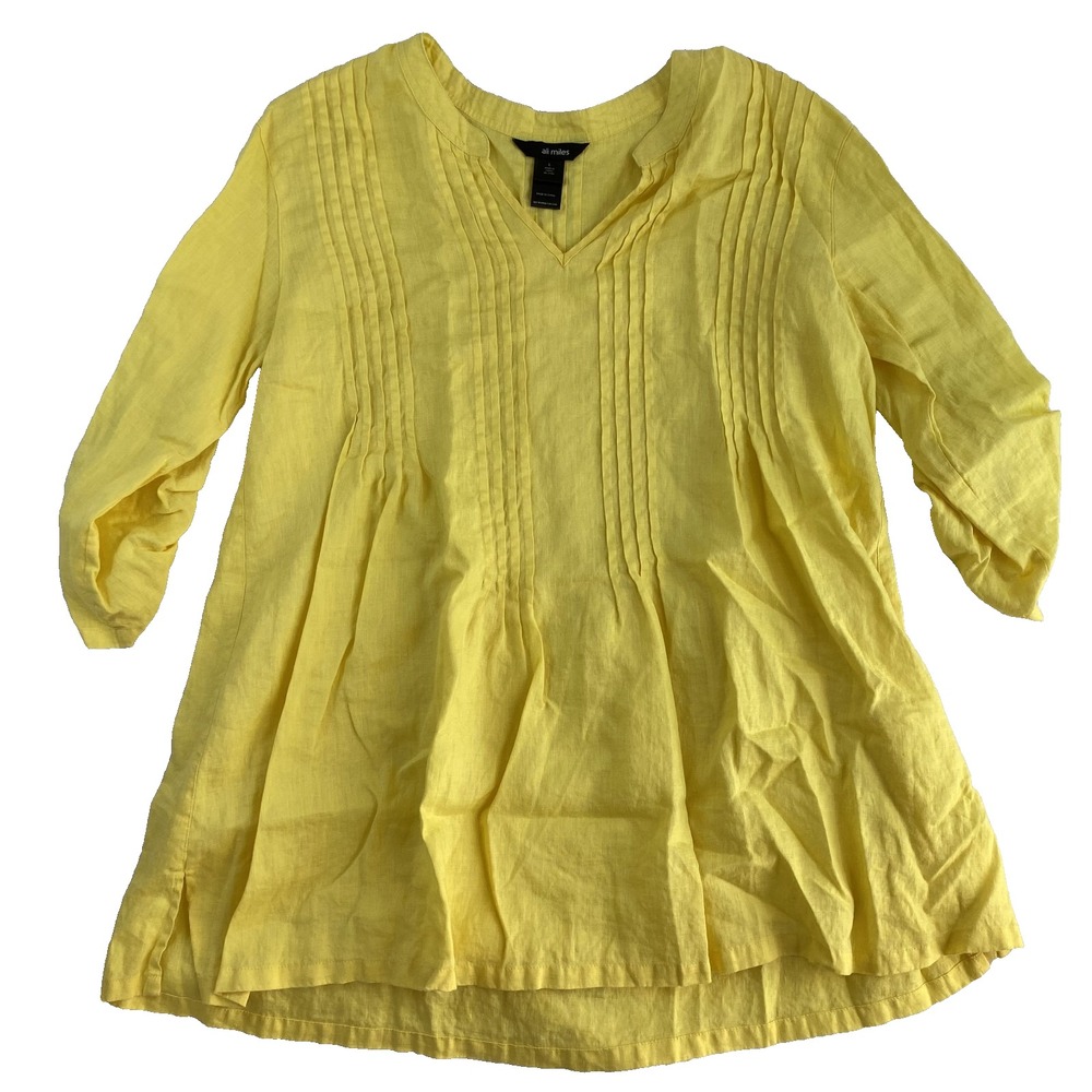 Ali Miles Blouse Top Women Sz L Lemon Yellow 100% Linen Pleated Roll Lagenlook